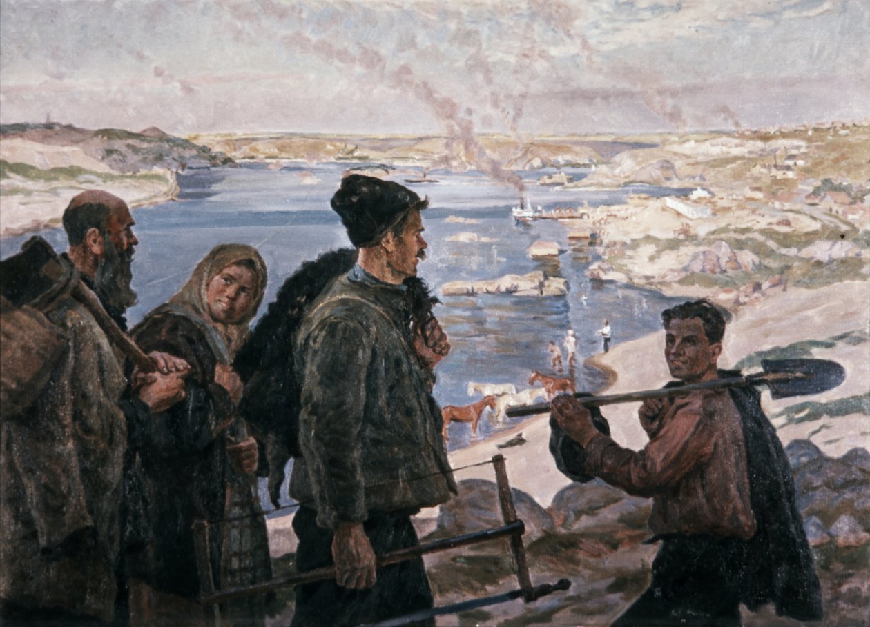 ドニエプル川の建設者1937絵画、K、トロキメンコ、社会主義リアリズム。 作： 不明