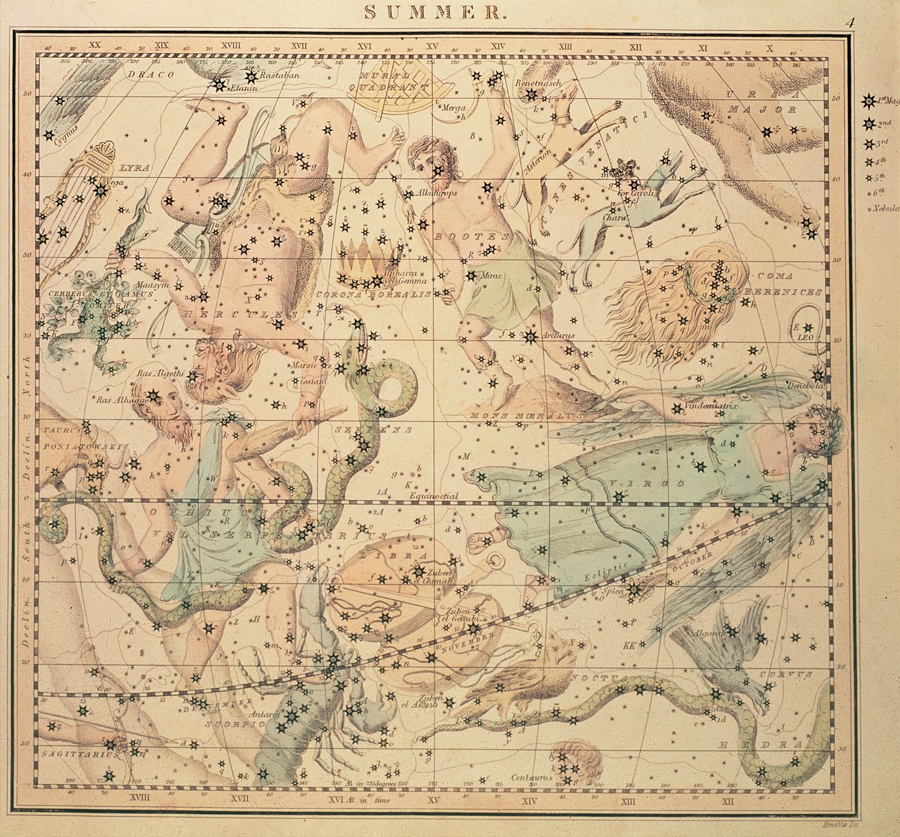 天体図：ジョン・エムスリー（1813-75）によって彫刻された、黄道帯の兆候、星の位置、占星術の楽器を示す夏 作： 不明