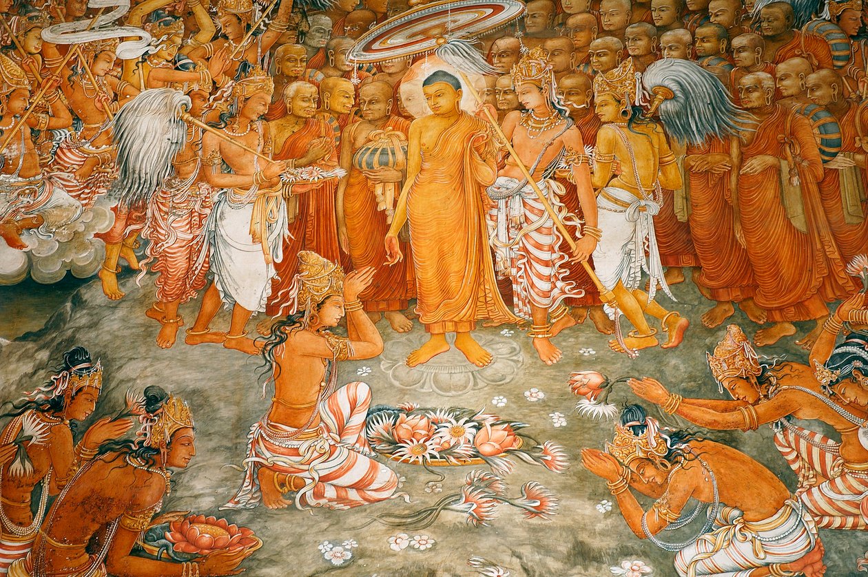 首都スリランカのコロンボから約6マイル離れた、最も神聖な仏教遺跡の1つであるケラニヤヴィハーラのケラニヤ寺院の壁の壁画。 2010年1月7日。 作： 不明