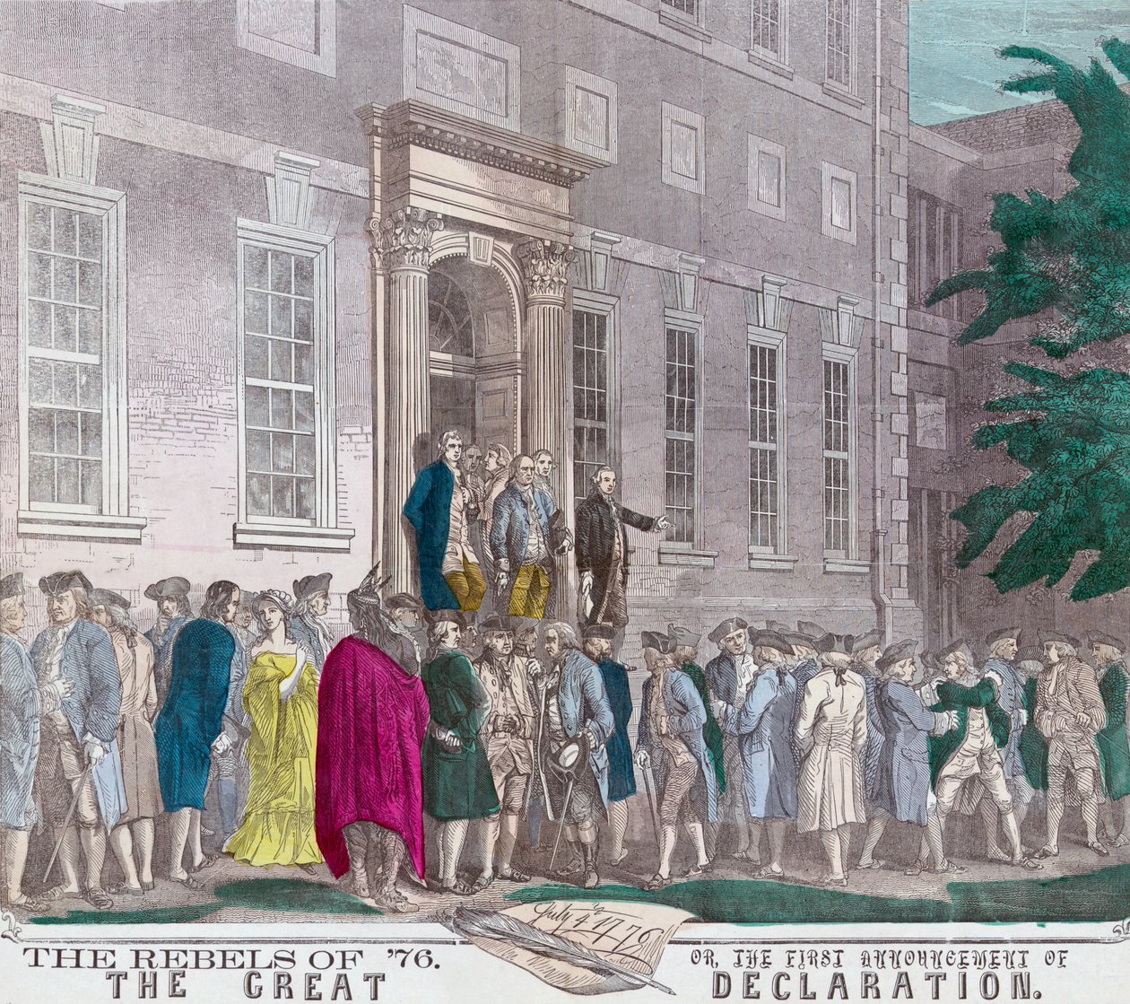 1776年7月4日、第2大陸会議のメンバーは、19世紀の版画（colou 作： アメリカの学校