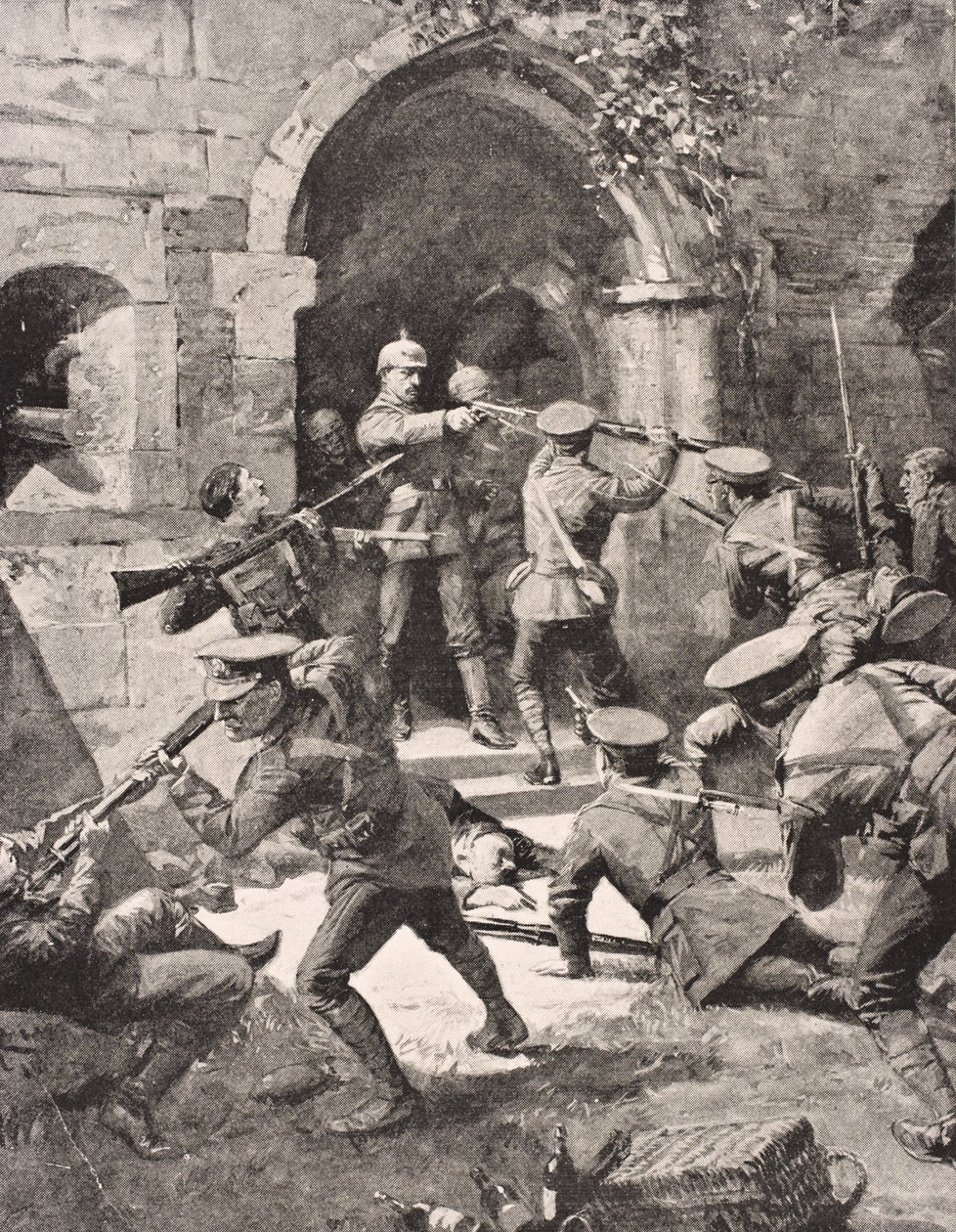 1916年にロンドンで出版された「The War Illustrated Album deLuxe」から、イギリスの軍隊がベルギーのイープル近くのシャトードゥージュのドイツ人守備隊を攻撃する際の、直接の戦い 作： 英語学校