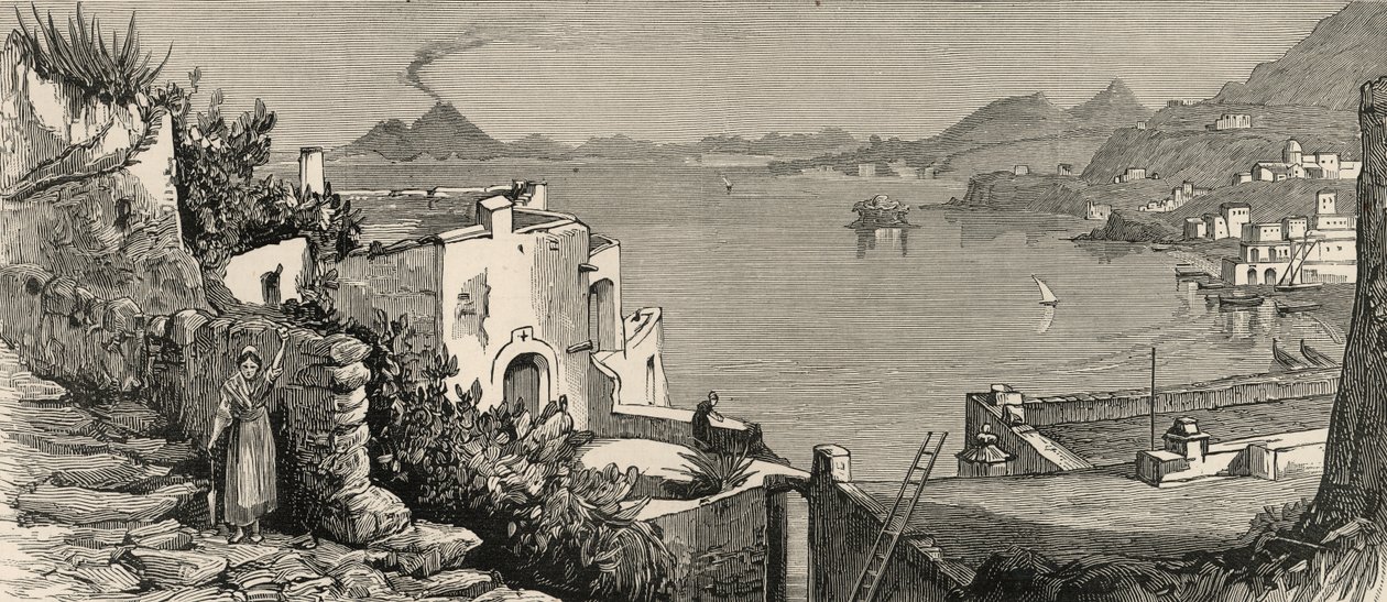 イスキア島の大地震：1883年8月4日の「The Graphic」から、ラッコの村のカザミッチョラのビーチと町（彫刻） 作： 英語学校