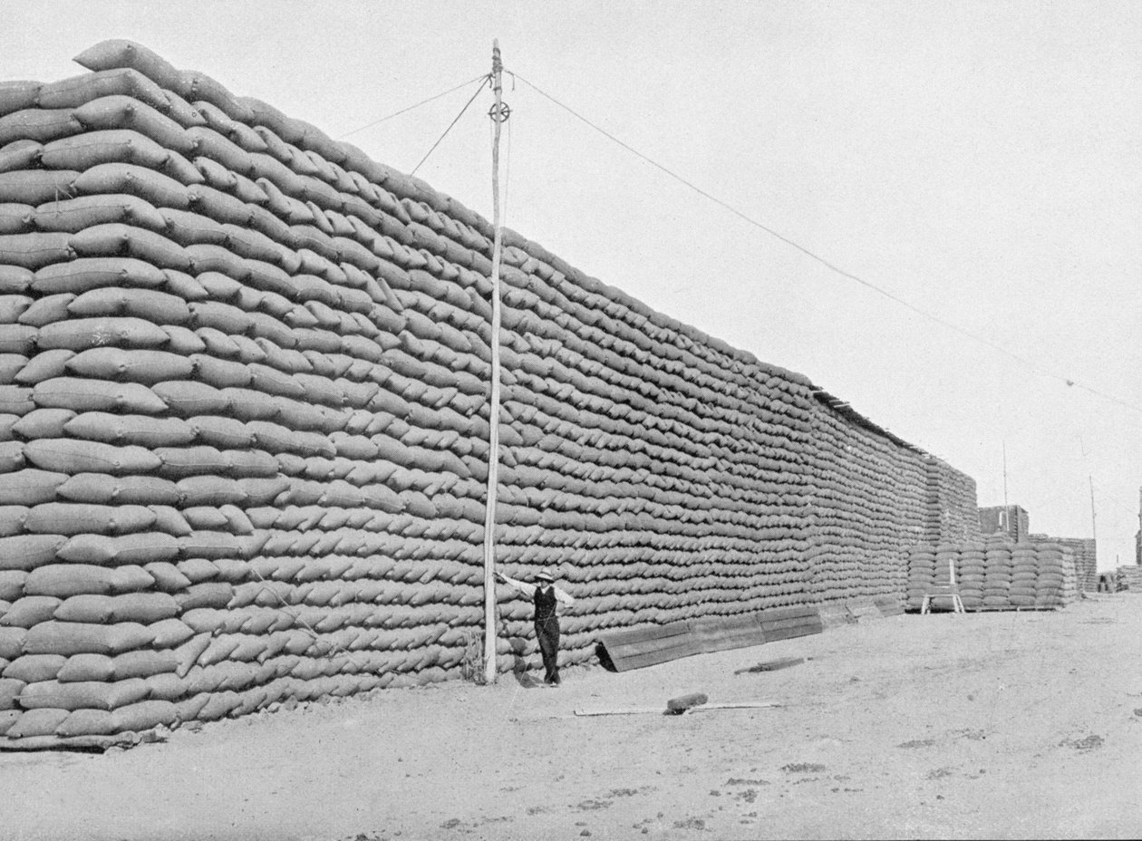 メルボルン外務省、1908年発行の「サザンクロスの下-オーストラリアの垣間見る」から、出荷を待っている小麦の125,000袋、南オーストラリア、1900年頃（bw写真） 作： オーストラリアの写真家