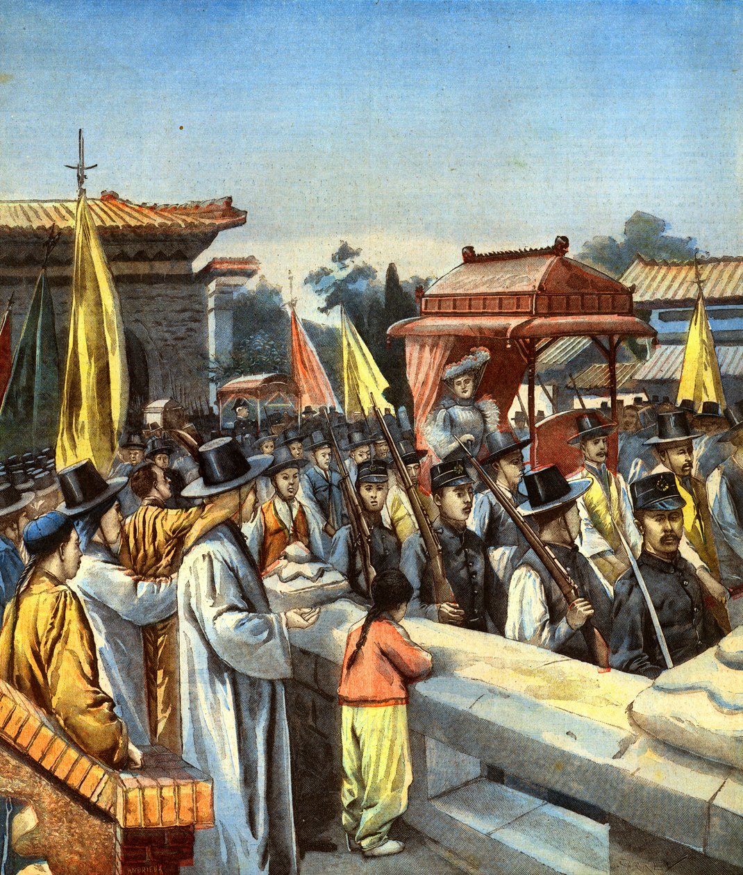 アリスルーズベルトは、1905年9月20日に大韓帝国の皇帝と一緒に、帝国セダンの椅子でソウルの街路を通り宮殿まで運ばれました。「Le Petit Pari」の表紙イラスト 作： キャリー