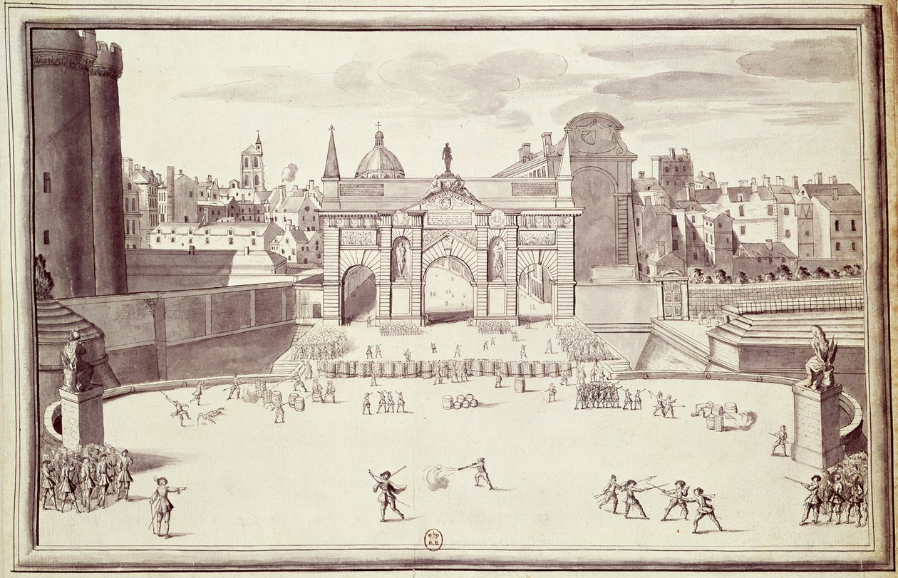 1648年8月26日、Porte Sainte-Antoineのバリケード（紙にペンとインク） 作： フランス語学校