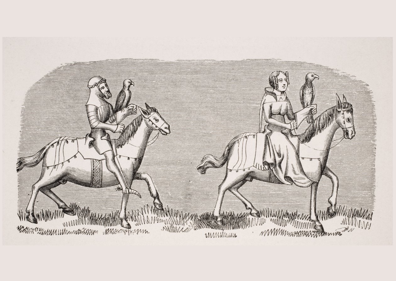 ポール・ラクロワ（1806-84）出版の「ル・モヤン・エイジ・エ・ラ・ルネッサンス」からのアンリ・ド・フェリエールによる14世紀の原稿「リヴル・ド・ロイ・デュ・モデュス」のミニチュアの鷹、複製を始める女性 作： フランス語学校