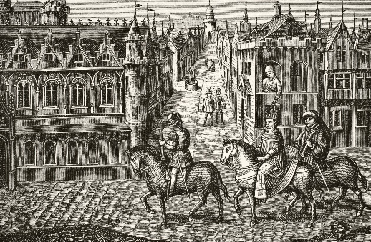ルイ9世は、パリの教会に通う学生が彼に尿を注いでいます。ポールラクロワ（1806-84）の「中世の科学と文学」から、1878年にロンドンで出版されました。 作： フランス語学校