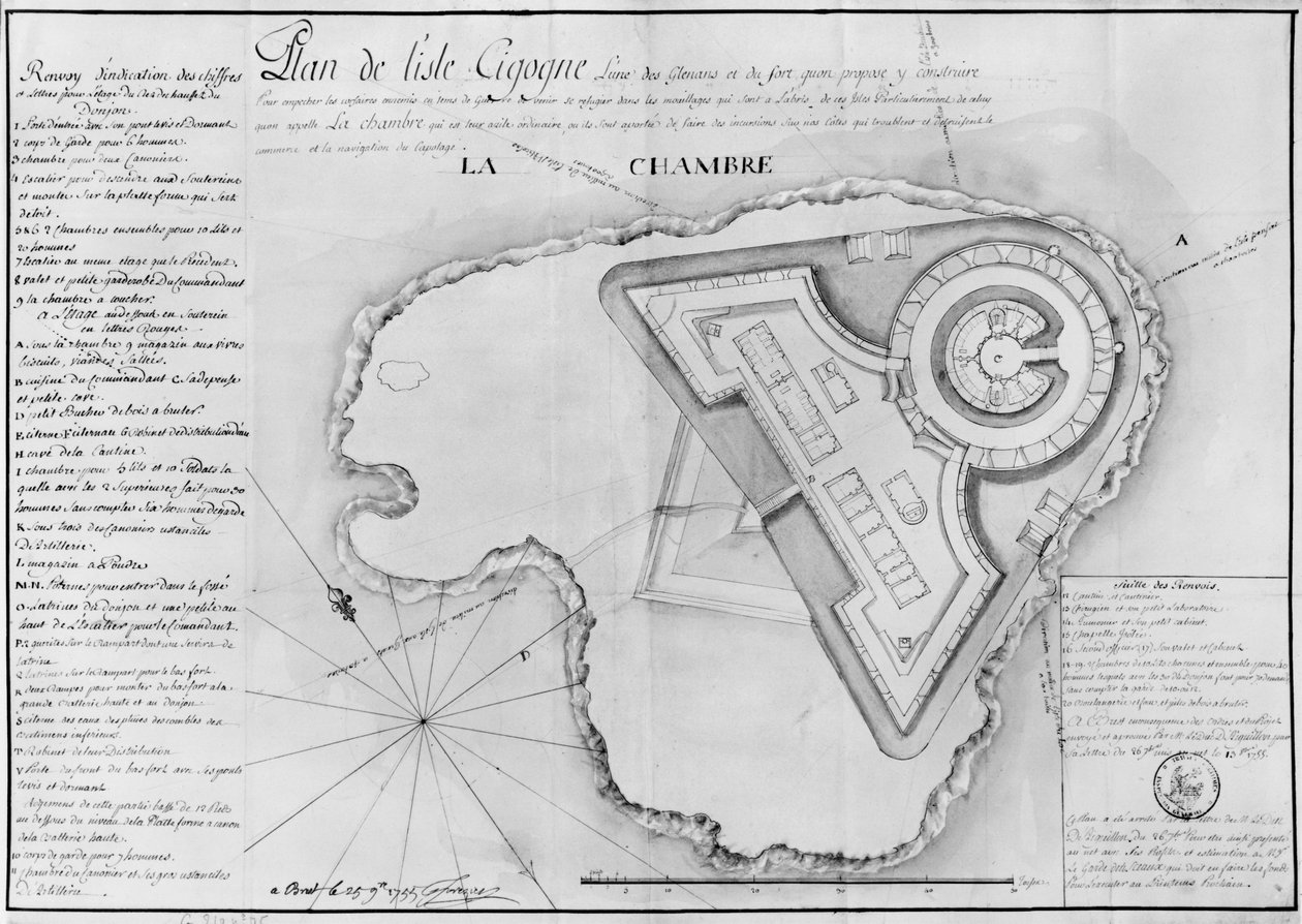 シゴニュ島の計画と砦のプロジェクト、Archipel des Glenan、1745年（紙と鉛筆） 作： フランス語学校
