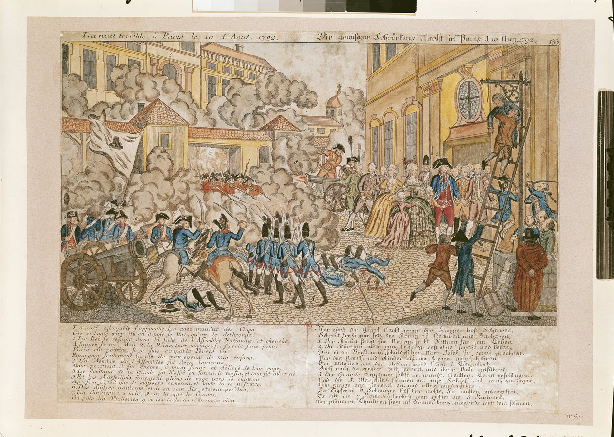 1792年8月10日、パリの恐ろしい夜（色付きの彫刻） 作： フランス語学校