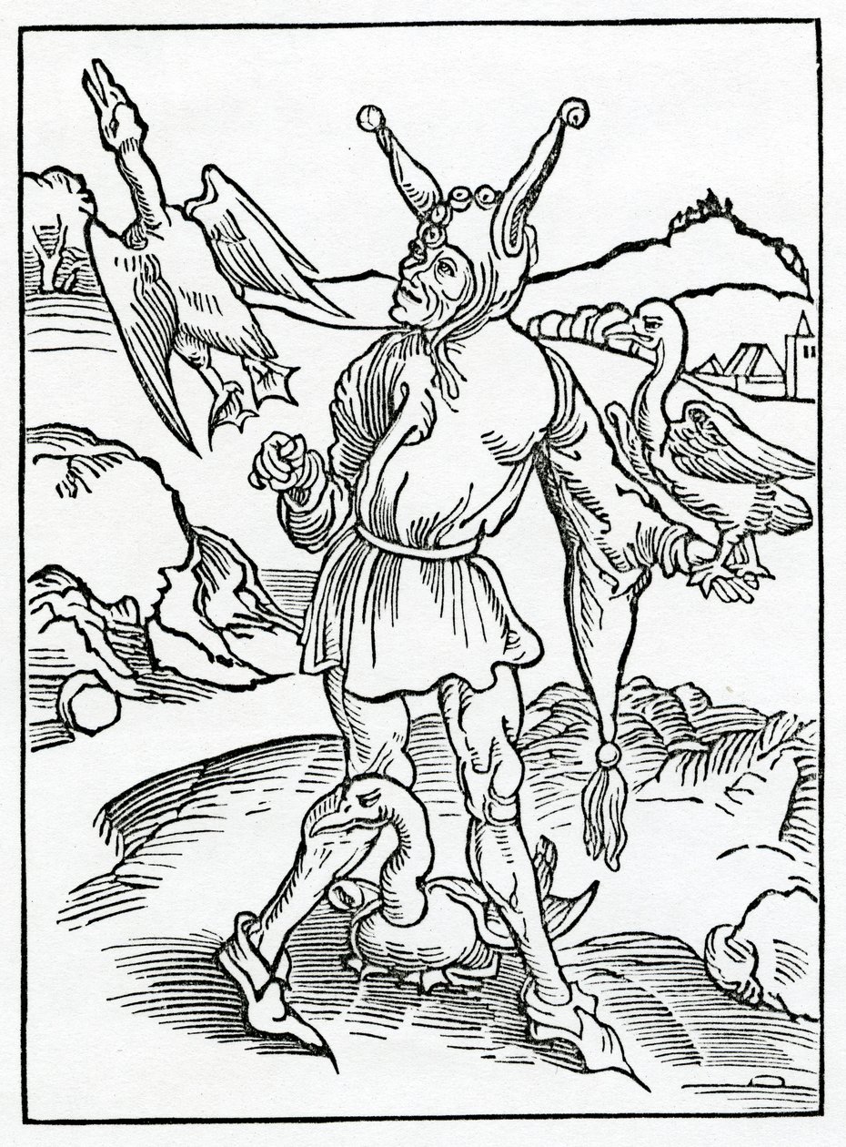naught can and naught wyll lerne、and seyth moche、lytell berynge away、me me nat theuys、illustration from Alexander Barclay&39;s English translation of &39;The Ship of Fools&39;、from a edition 作： ドイツ語学校