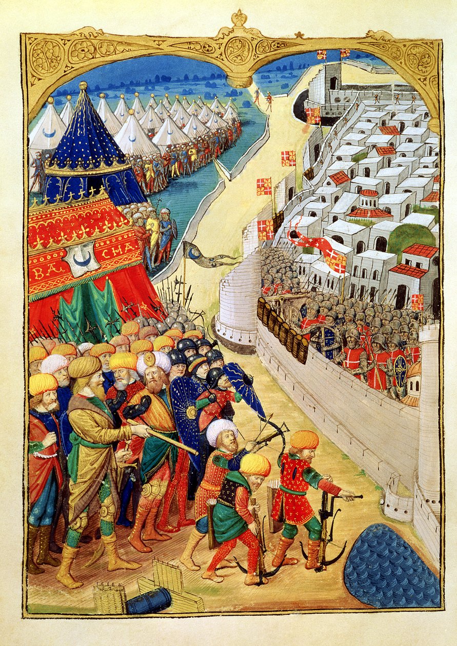 Lat 6067 f.55v 1480年にロードスの城壁の外で戦闘に備えるトルコ軍、ギロームカウラン作「ロードス包囲戦の歴史」、1483年 作： ブルボン枢機ofのマスター