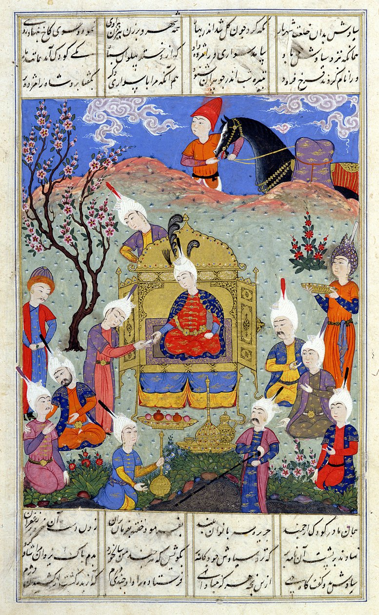 Ms D-184 fol.146aメッセンジャーが彼の息子の誕生のニュースをシアボシュにもたらします。イラストは「シャーナマ」（王の書）のイラストで、アブカルカシムマヌールフィルダウシ（c.934-c.1020）c .1510-40（ガッシュ紙） 作： ペルシャ語学校