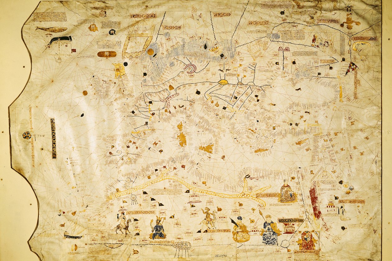 Charles Vの地図、Mecia de Viladestesの地図、ヨーロッパと北アフリカのポルトガル、1413年（vellum） 作： スペイン語学校