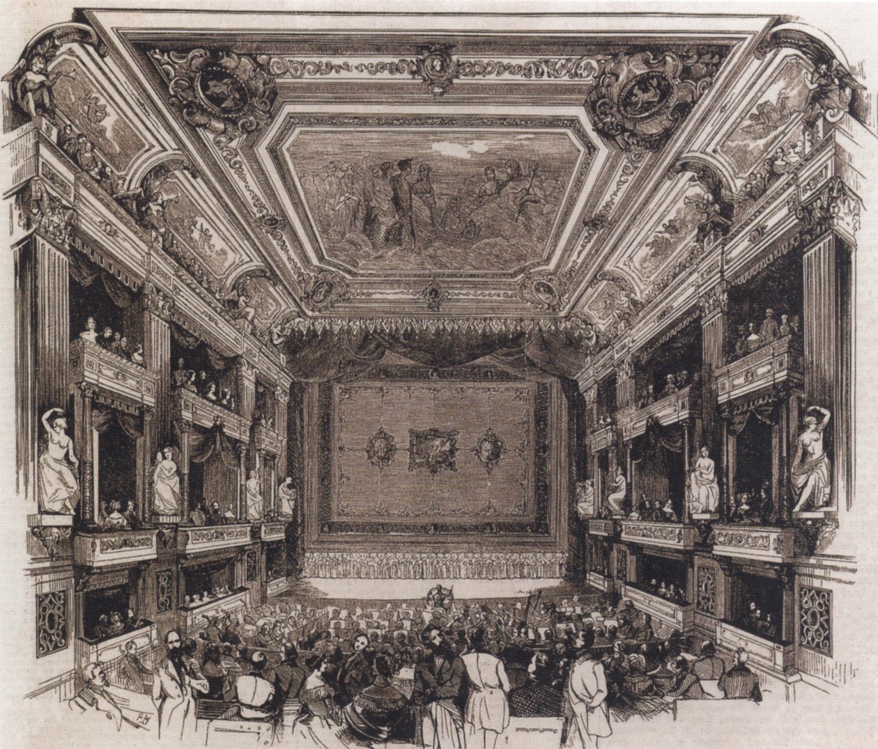 ベルリンの再建された王立オペラ劇場の講堂、1844年、イラスト入り新聞No. 88、ベルリン1845年 作： 不明