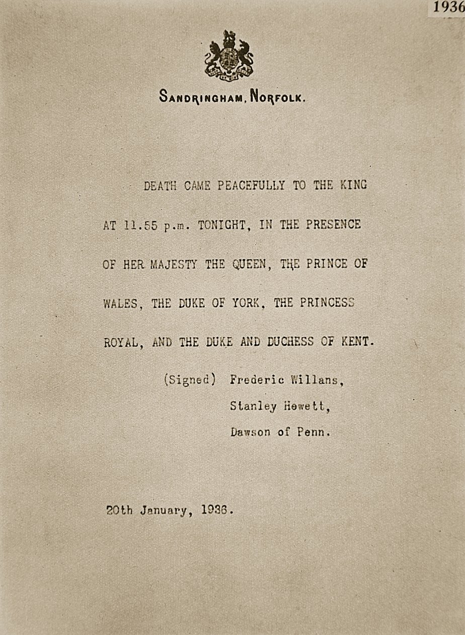 1936年1月20日、ジョージ5世が死去した際、サンドリンガムに速報が掲載されました。 作： 不明