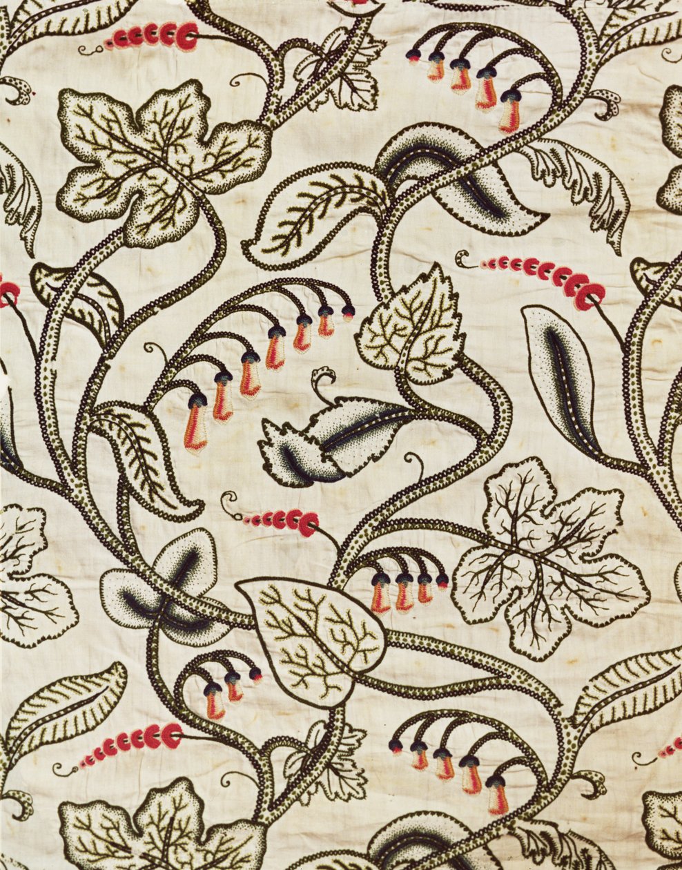 17世紀後半のフローラルデザインのクレワー細工の吊り下げ（リネンのウール刺繍） 作： 不明