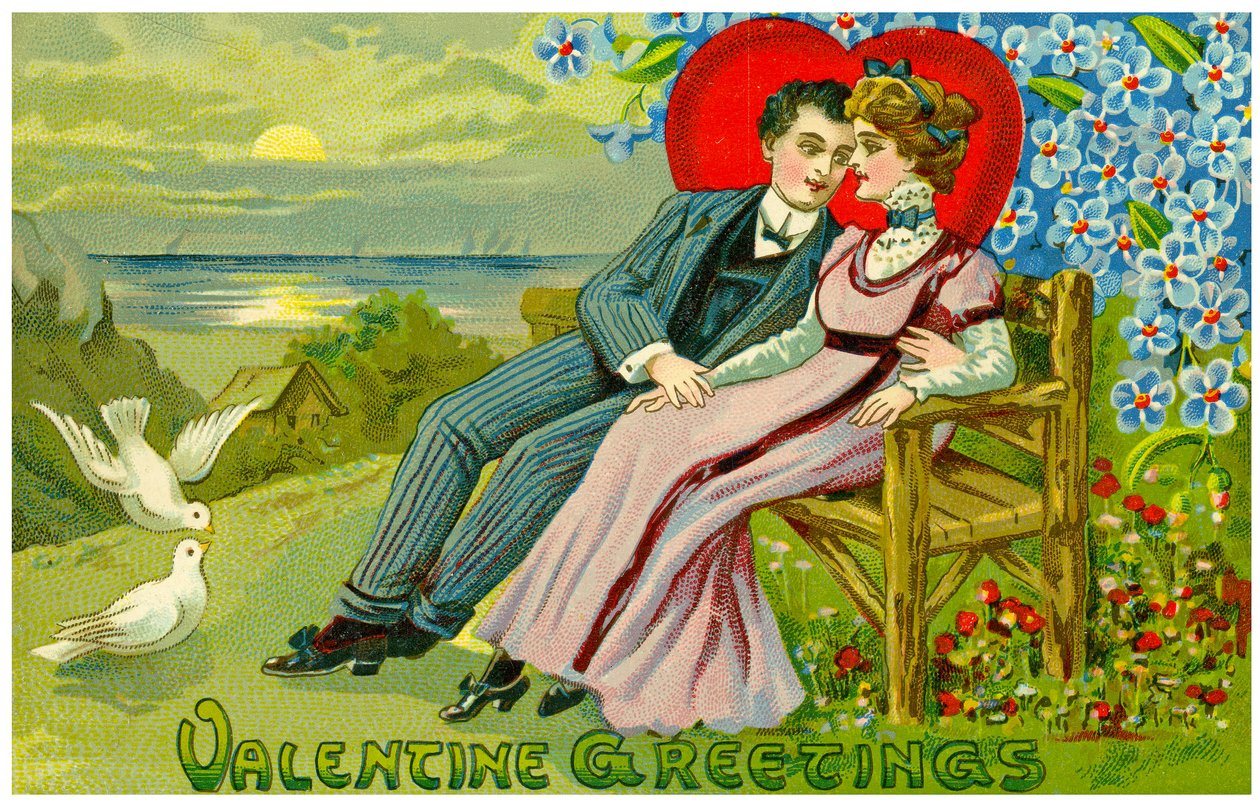 2人の恋人を描いたバレンタインデーカード、c.1910 作： 不明