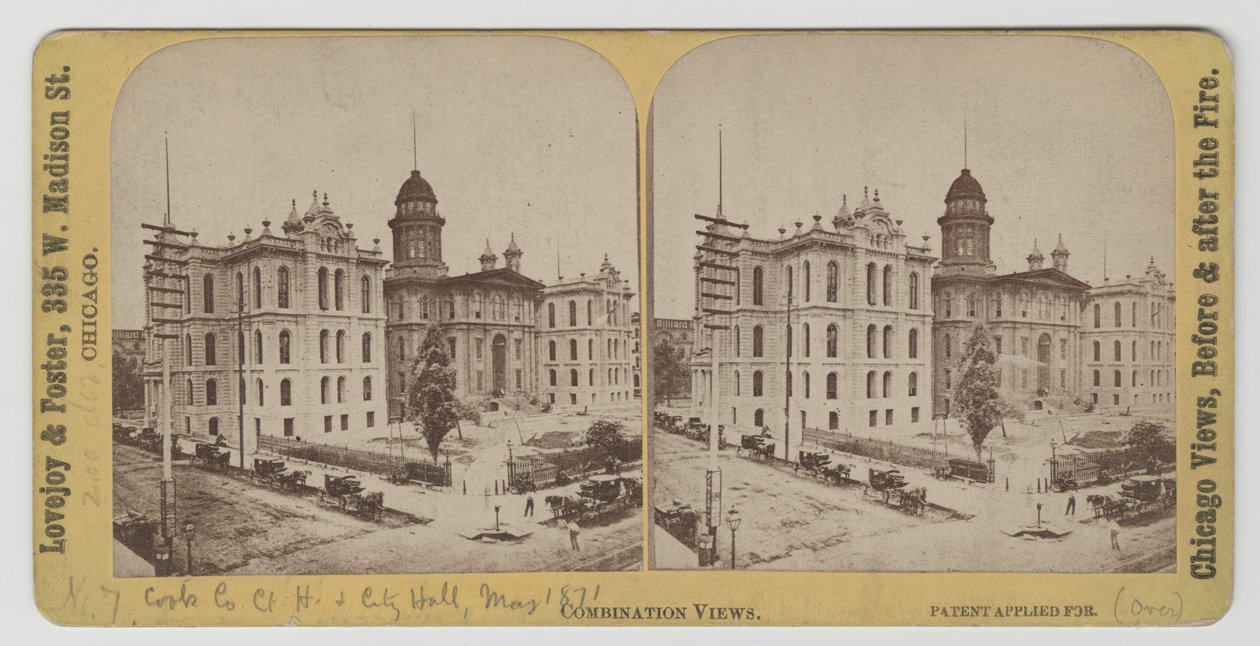 1871年のシカゴ火災前のクック郡裁判所と市庁舎 作： アメリカの写真家