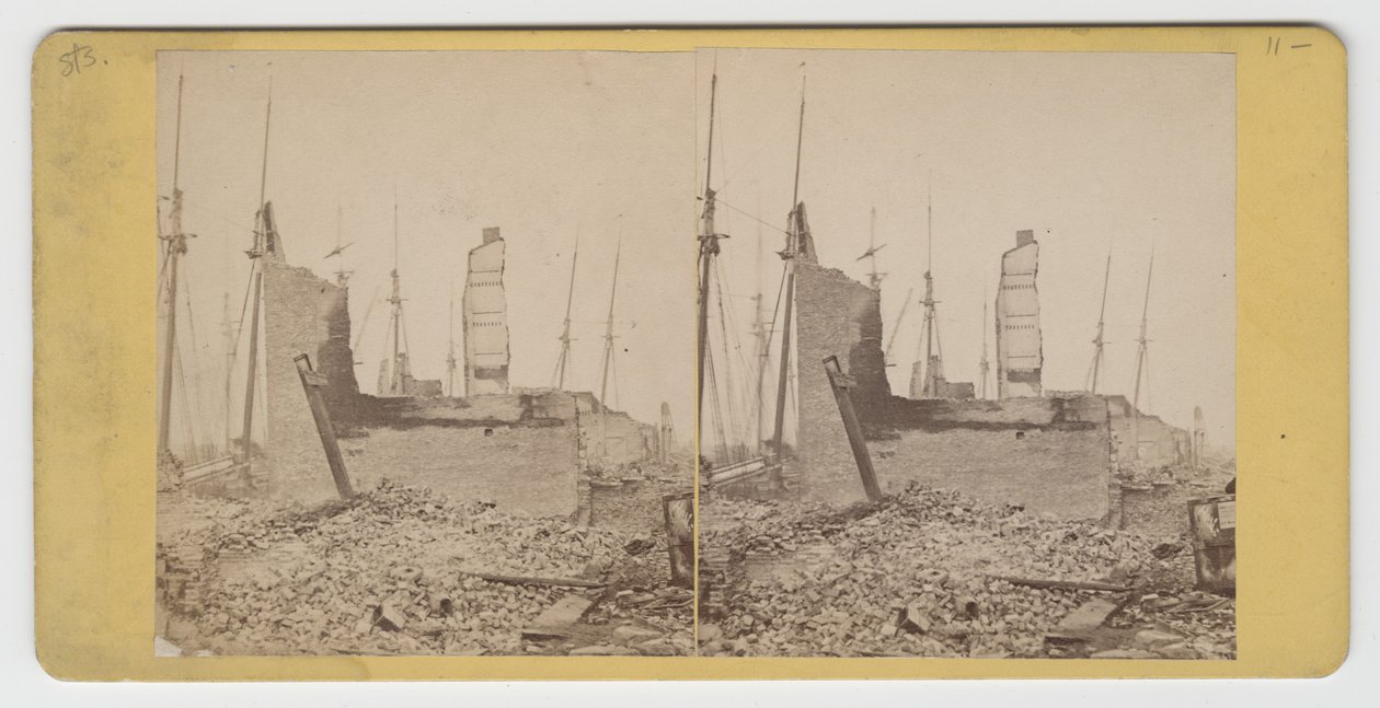1871年のシカゴ火災後のクラークとウェルズの間のサウスウォーターストリートの立体写真 作： アメリカの写真家
