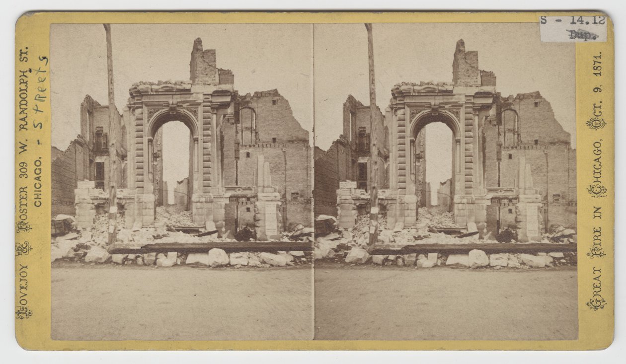 1871年のシカゴ火災後のワシントンストリートの廃墟のビューの立体写真 作： アメリカの写真家