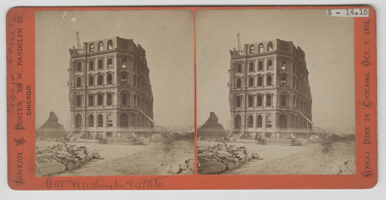 1871年のシカゴ火災後の最初の国立銀行のビューの立体写真 作： アメリカの写真家