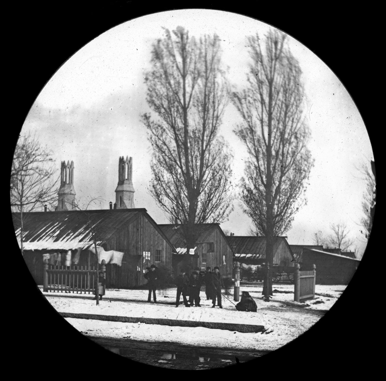 大シカゴ火災後のワシントンパークの兵舎、1871年頃（ガラスランタンスライド） 作： アメリカの写真家