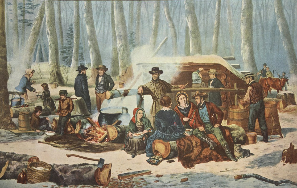 アメリカの森のシーン-メープルシュガーリング、パブ。 1856年、キュリアーとアイブス 作： アメリカの学校