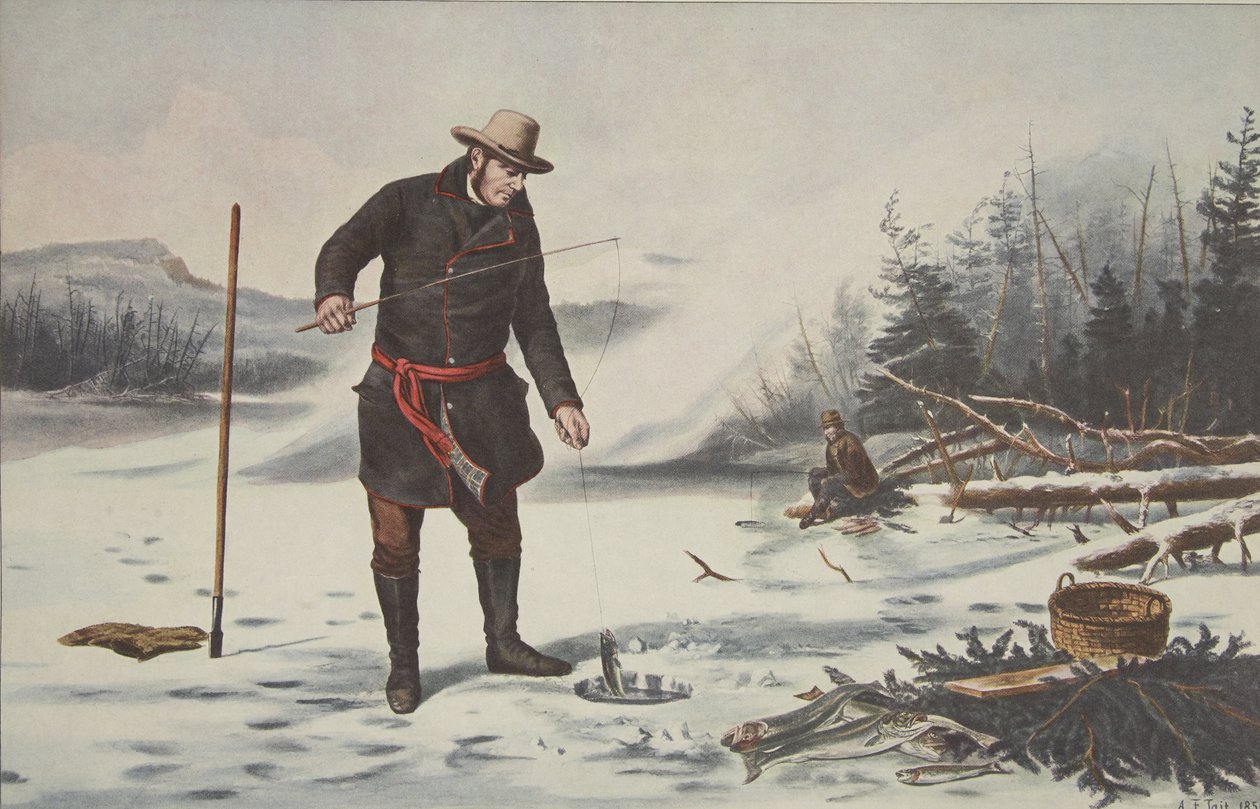 アメリカンウィンタースポーツ-シャトーゲイ湖（ニューヨーク州フランクリン郡）でのマス釣り、パブ。 1856年、キュリアーとアイブス 作： アメリカの学校