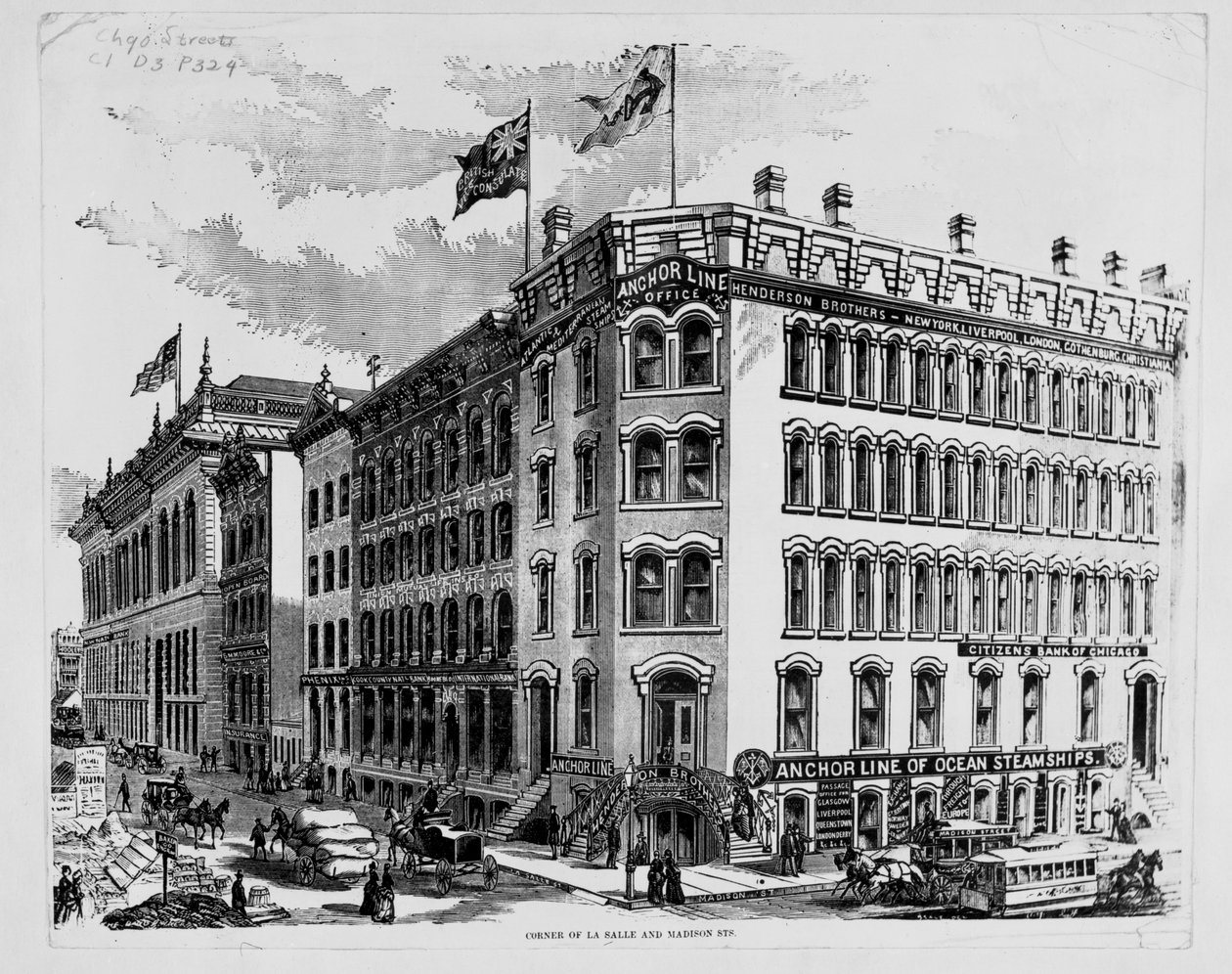 シカゴのラサールとマディソンストリートの角にあるアンカーラインオフィス、1875年頃（木の彫刻） 作： アメリカの学校