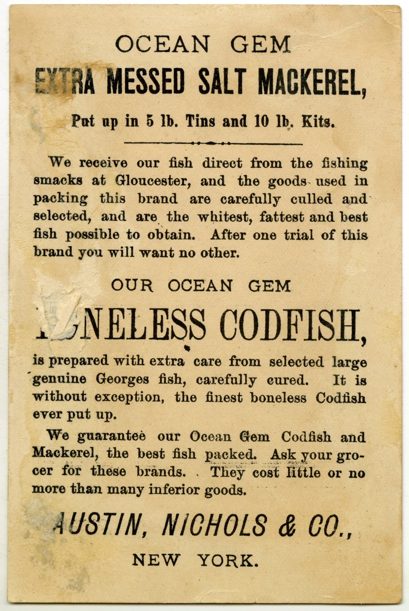 Austin、Nichols＆Co. Ocean Gem Mackerel、トレードカードヴァーソ。 （リトグラフ[トレードカード]） 作： アメリカの学校