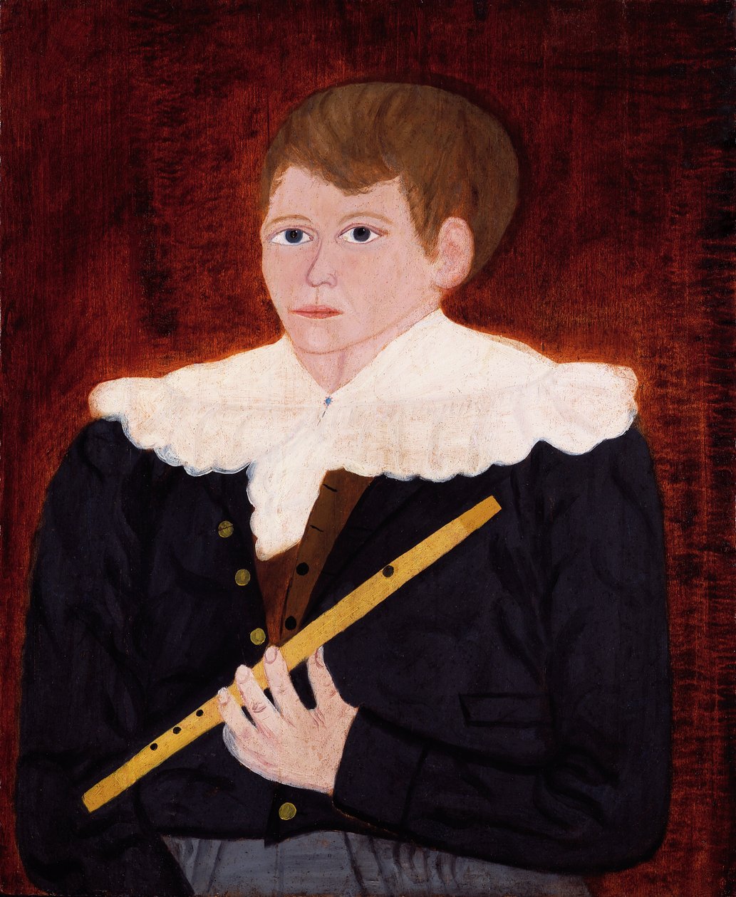 フルートを持つ少年、1820年頃（木製パネルに油彩） 作： アメリカの学校
