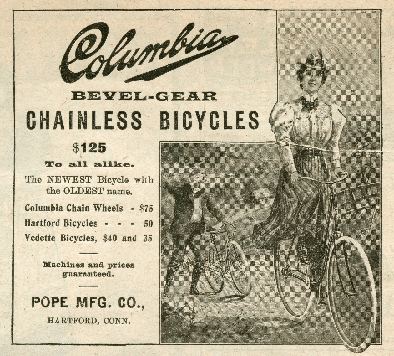 コロンビアベベルギアチェーンレス自転車、1898年（彫刻[雑誌の切り取りページ]） 作： アメリカの学校