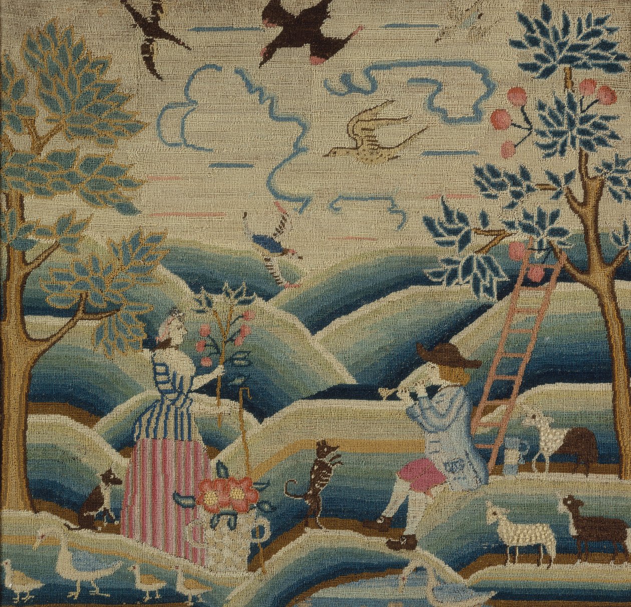 刺繍の絵、c.1740（リネン、ウール、シルク） 作： アメリカの学校