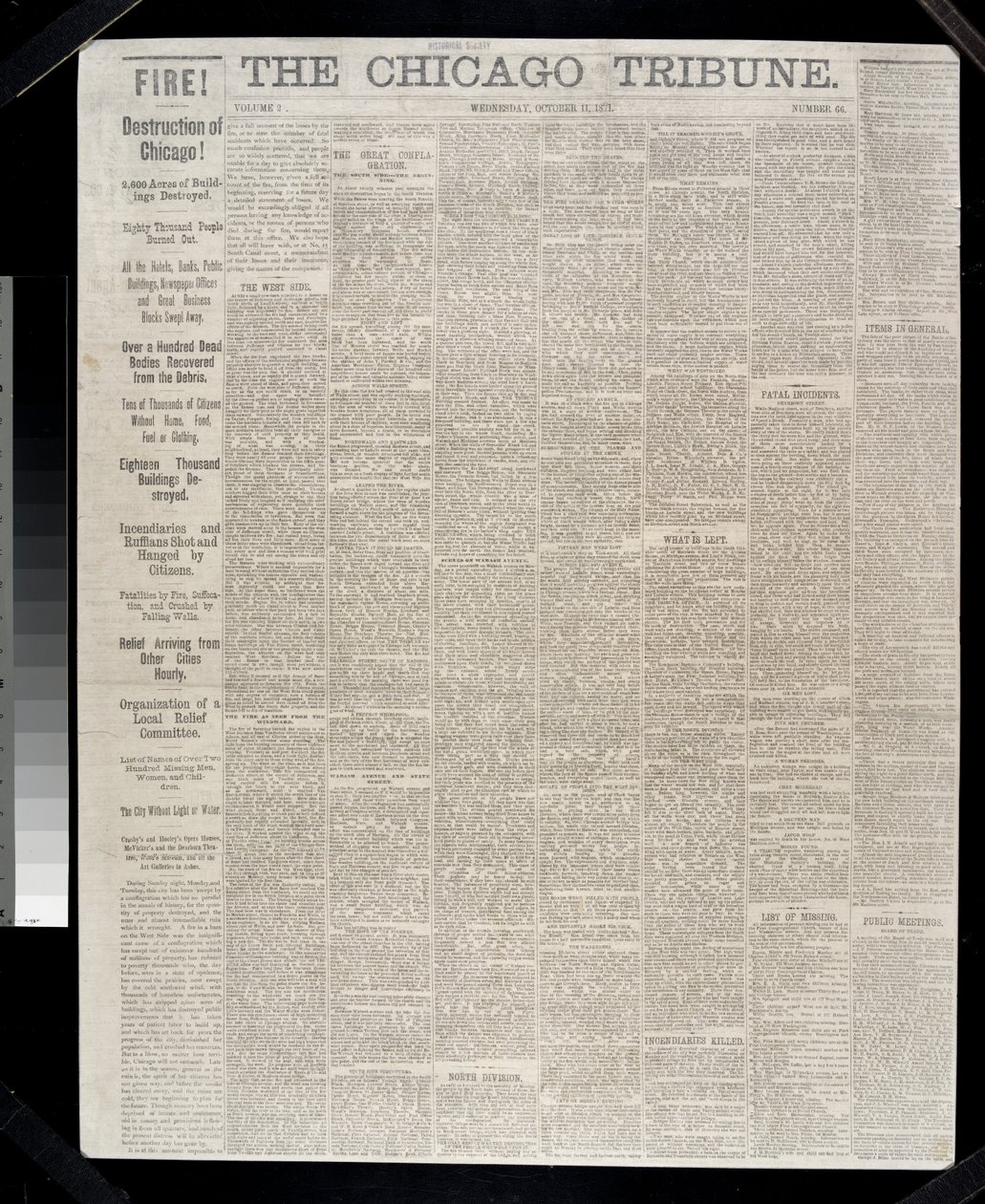 1871年、1871年のシカゴ火災に関するシカゴトリビューンの表紙 作： アメリカの学校