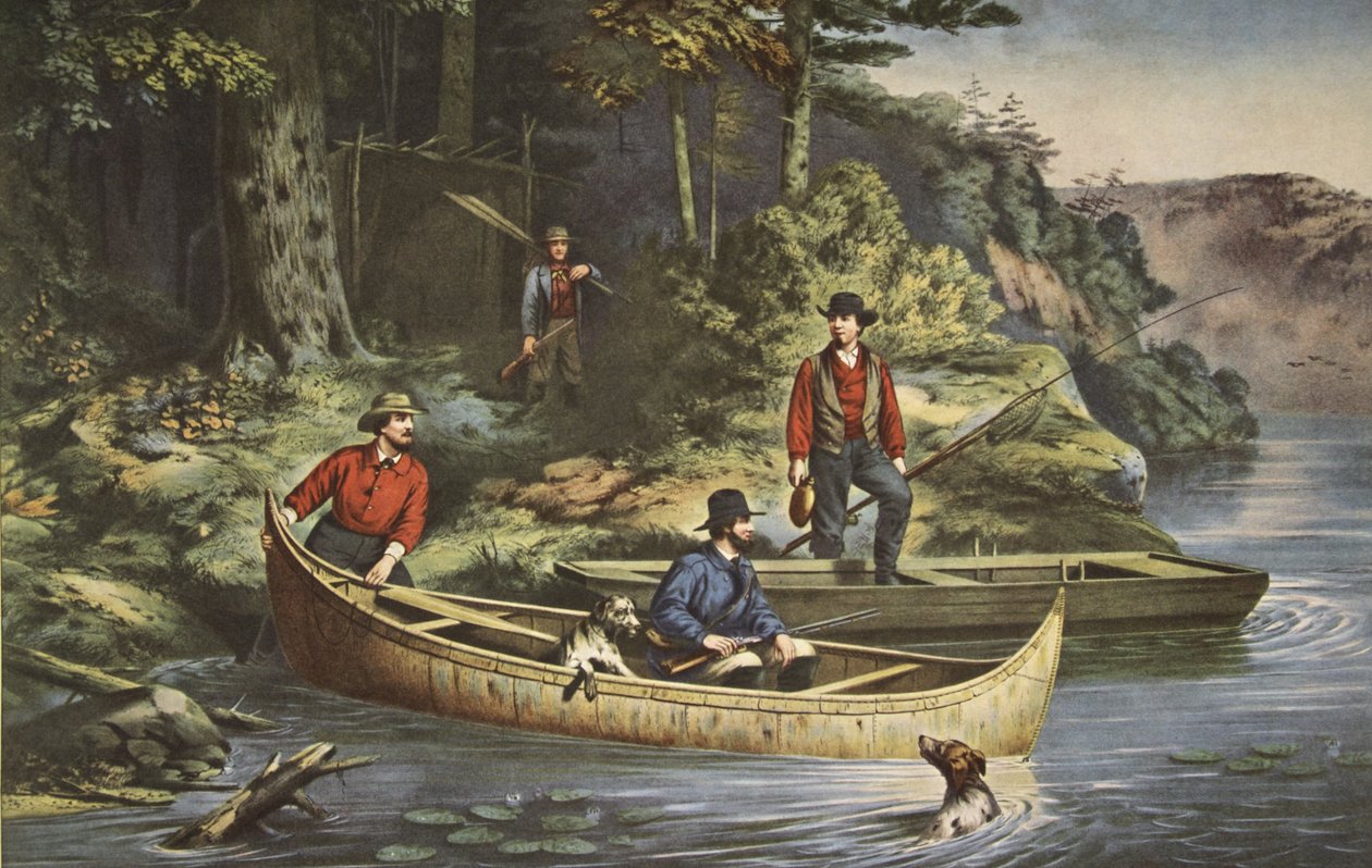 森の中での生活、始まり、パブ。 1860年、キュリアーとアイブス 作： アメリカの学校