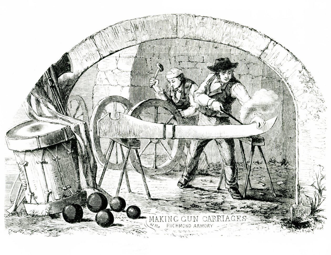 リッチモンド兵器庫で1860年代に手作業で砲車を作る 作： アメリカの学校