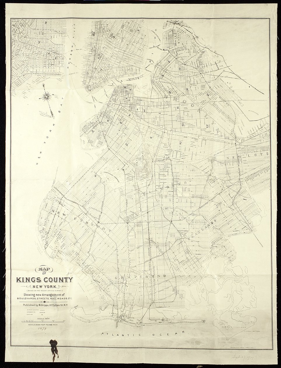 1879年、ニューヨーク州キングス郡の地図、1879年（紙に黒インク、布で裏打ち） 作： アメリカの学校