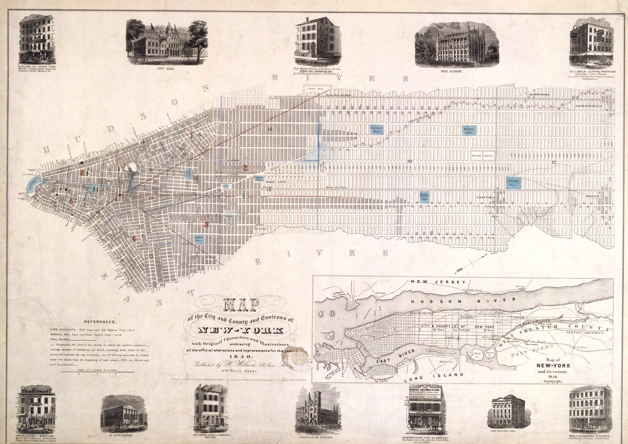 ニューヨークの市と郡周辺の地図、オリジナルの文字とイラスト、1850年、1850年（紙に黒インク、布で裏打ち） 作： アメリカの学校
