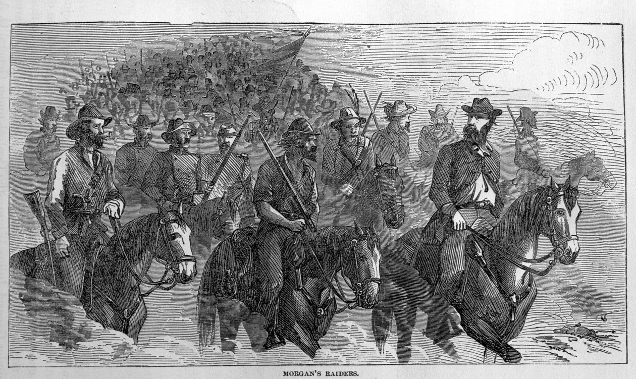 1863年7月、南北戦争のハーパーズ絵画史からのモーガンズレイダース 作： アメリカの学校