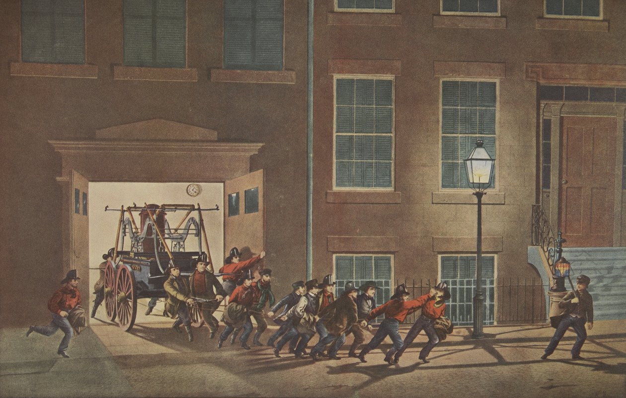 消防士の生活-夜間警報、パブ。 1854年、キュリアーとアイブス 作： アメリカの学校