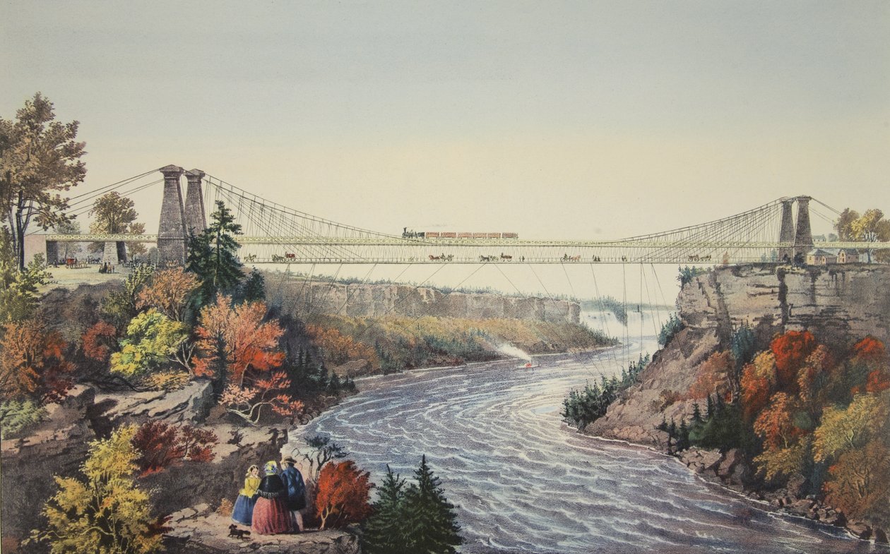1856年にナイアガラの滝の近くにある鉄道の吊り橋、Currier＆Ives 作： アメリカの学校