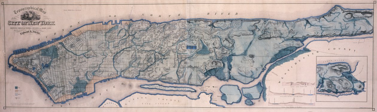 水路と造成地を示すニューヨークの地形図、1865、1865（布で裏打ちした紙に黒インク、カラーウォッシュ付き） 作： アメリカの学校