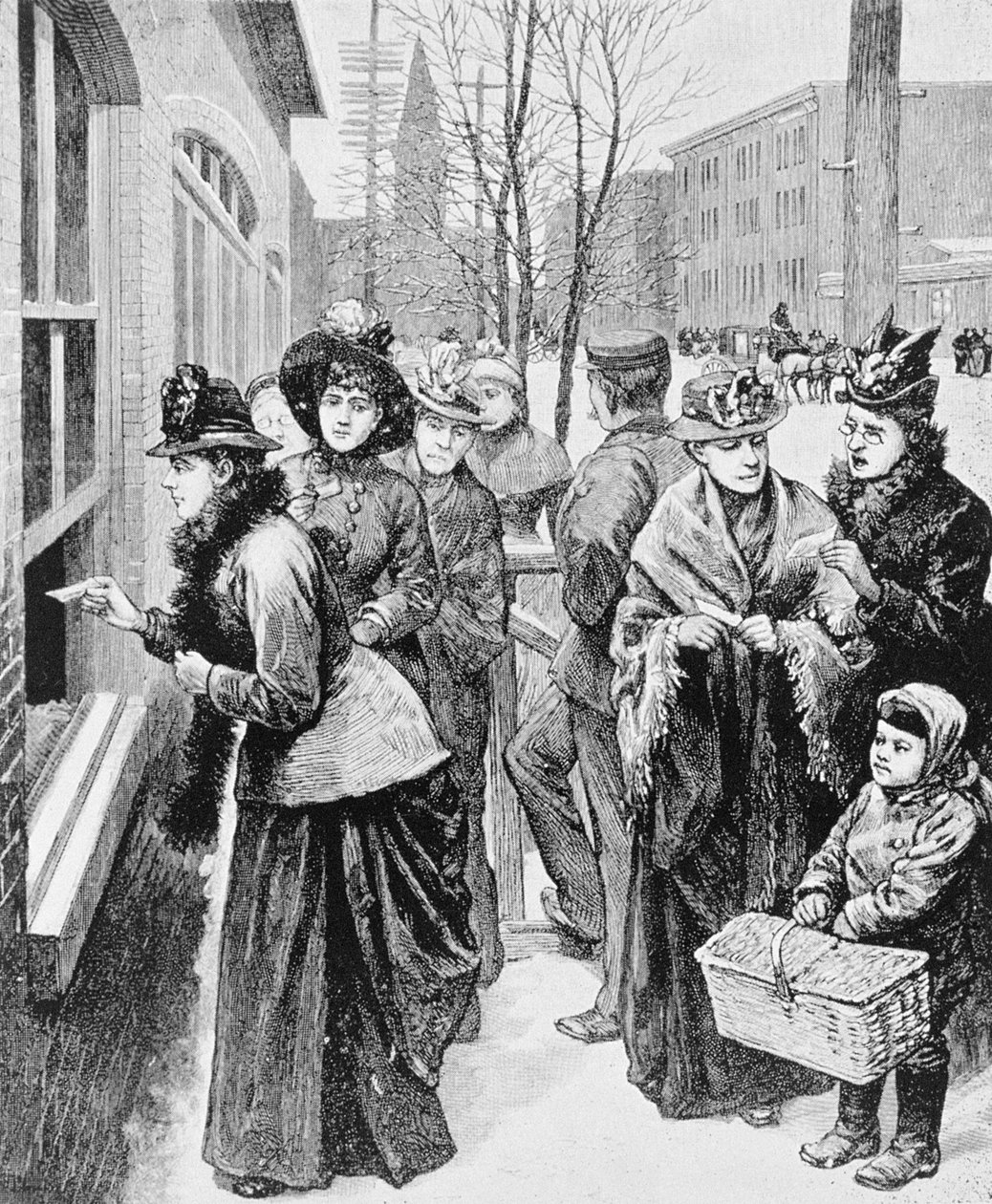 1870年の選挙に参加するために並んだ女性 作： アメリカの学校