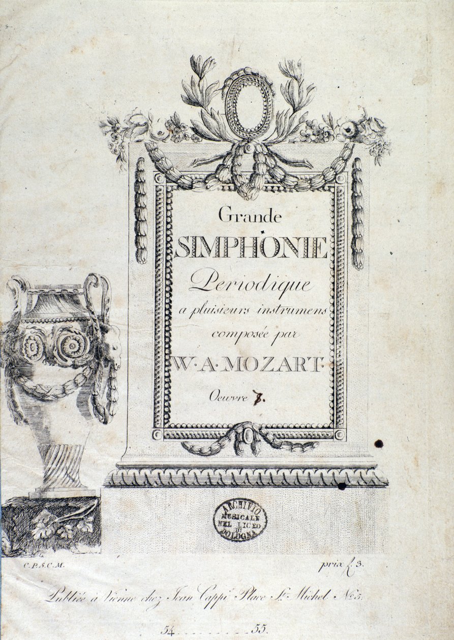 オーストリアの作曲家ヴォルフガングアマデウスモーツァルト（1756-1791）による交響曲第7番の口絵。 作： オーストリア学派