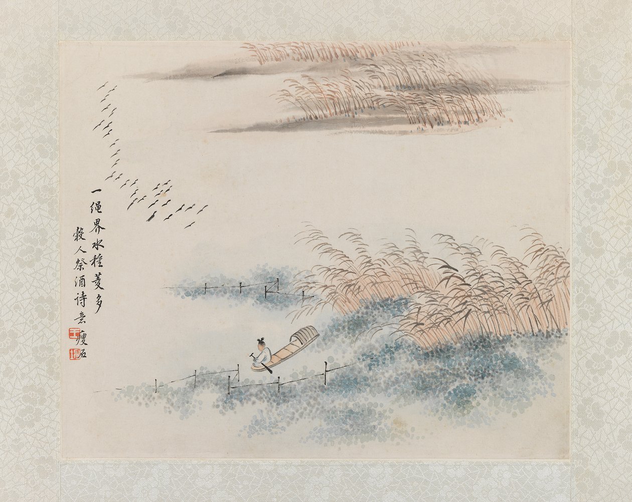 漁師と葦、アルバムの葉の絵（紙にインクと淡色） 作： 中国語学校