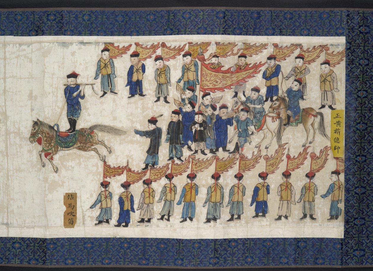 Shunzhi Emperor、Handscroll、1662馬術コンテスト（紙にインクと色） 作： 中国語学校