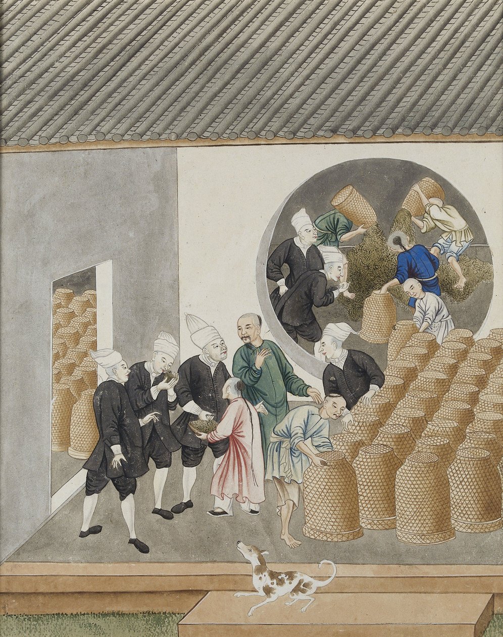 1770年頃、広州（広州）の茶倉庫で、ターバンを施したオランダのVOC商人がお茶の品質を嗅ぎました 作： 中国語学校
