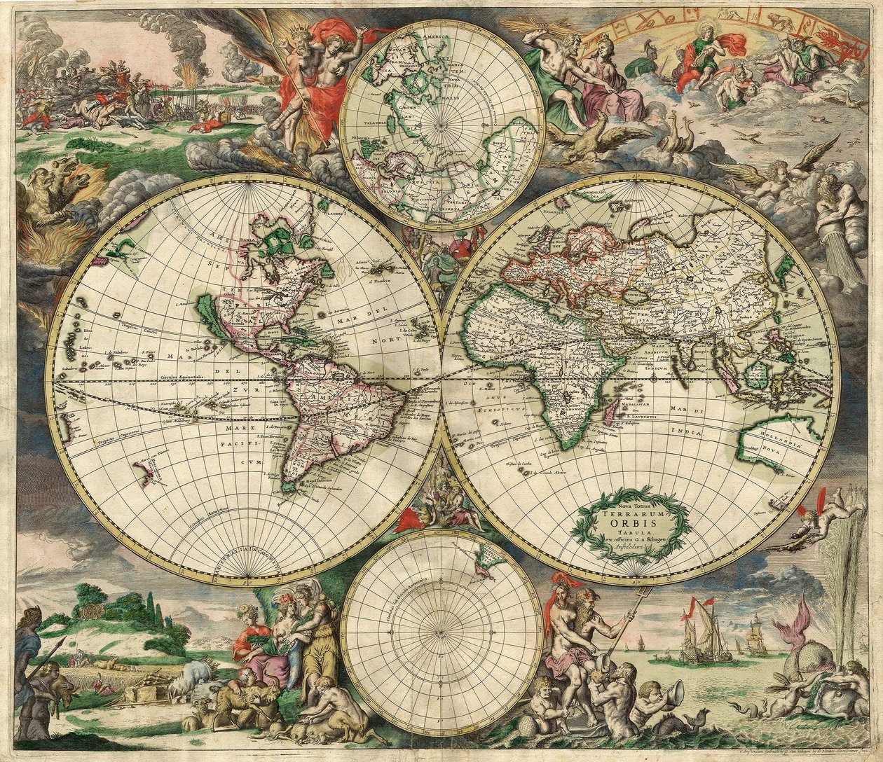 G. a Schagenの後のTerrarum Orbis Tabula。パブ。 C. 1689（手描きの彫刻） 作： オランダ語学校