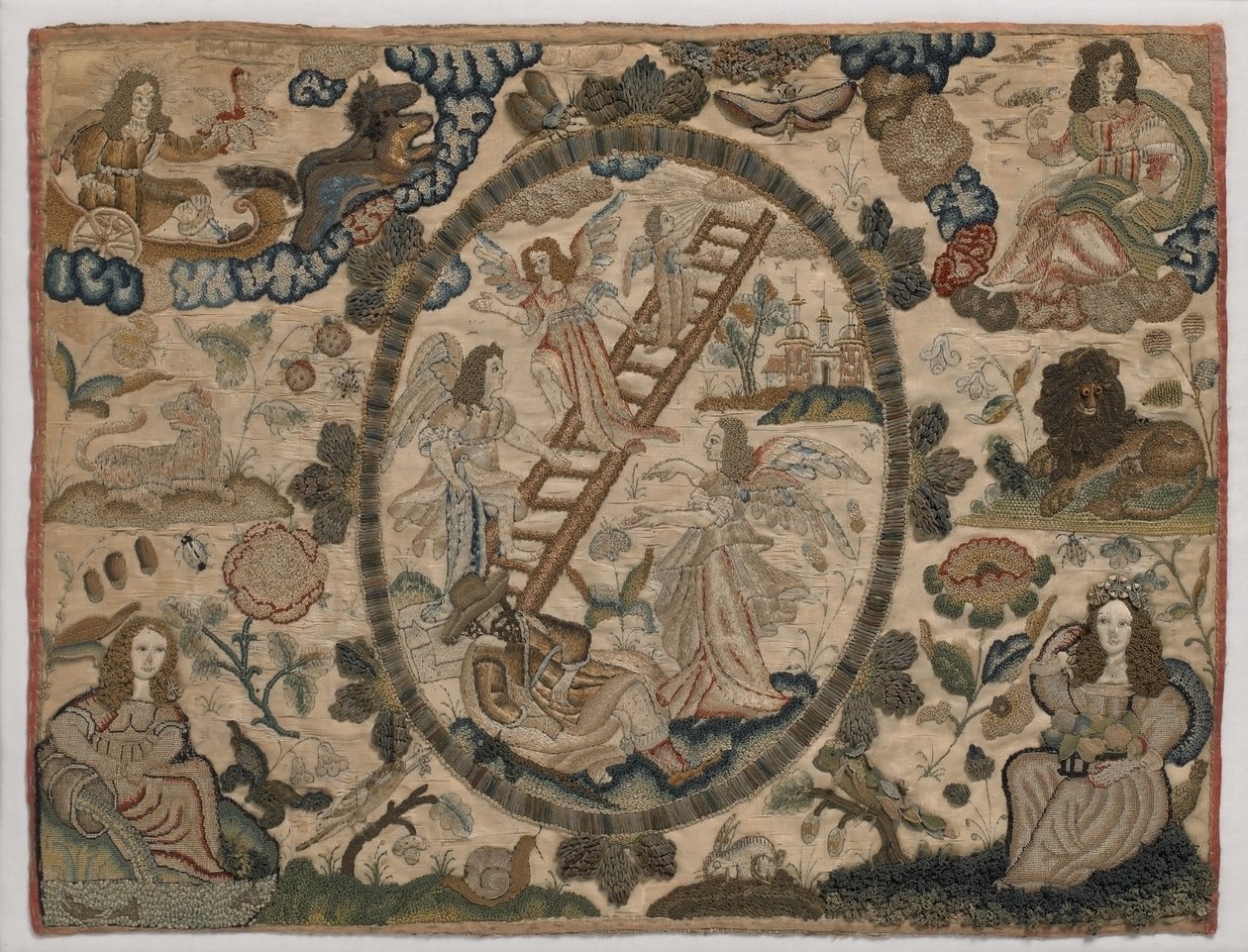 ジェイコブスはしご、浮き彫り刺繍、1660年頃（絹刺繍） 作： 英語学校