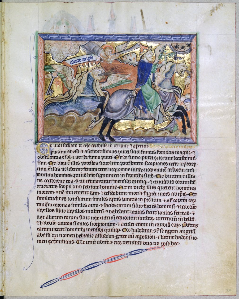 Ms LA 139-Lisboa fol.20イナゴの王であるExterminansがピットから、グルベンキアンの黙示録から上昇、c.1265-70 作： 英語学校